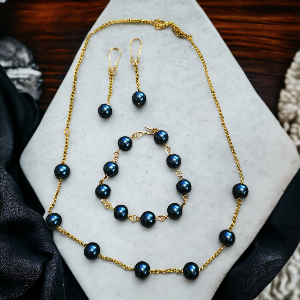 Gold-Tone Necklace, Bracelet & Earrings Set with Dark Blue Pearls